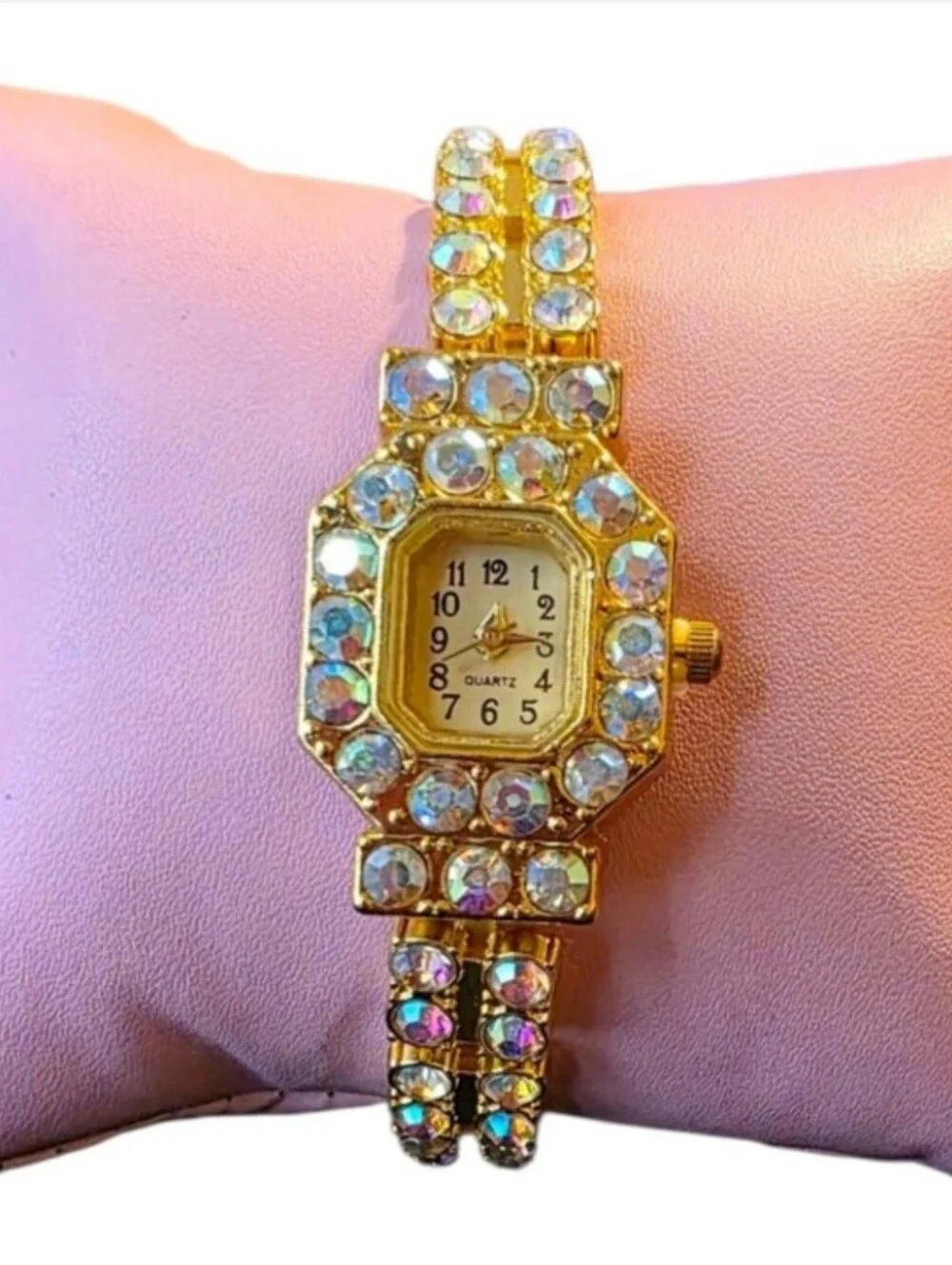 Vintage-Inspired Gold Rhinestone Crystal Statement Watch | Glam Bracelet Watch